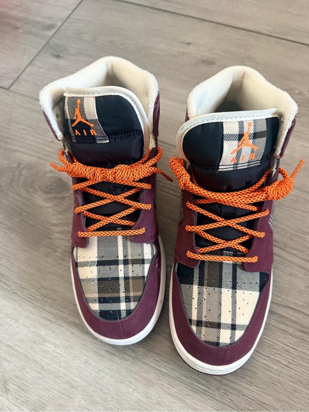 Jordan Kids Burgundy Plaid High-Top Sneakers with Orange Laces